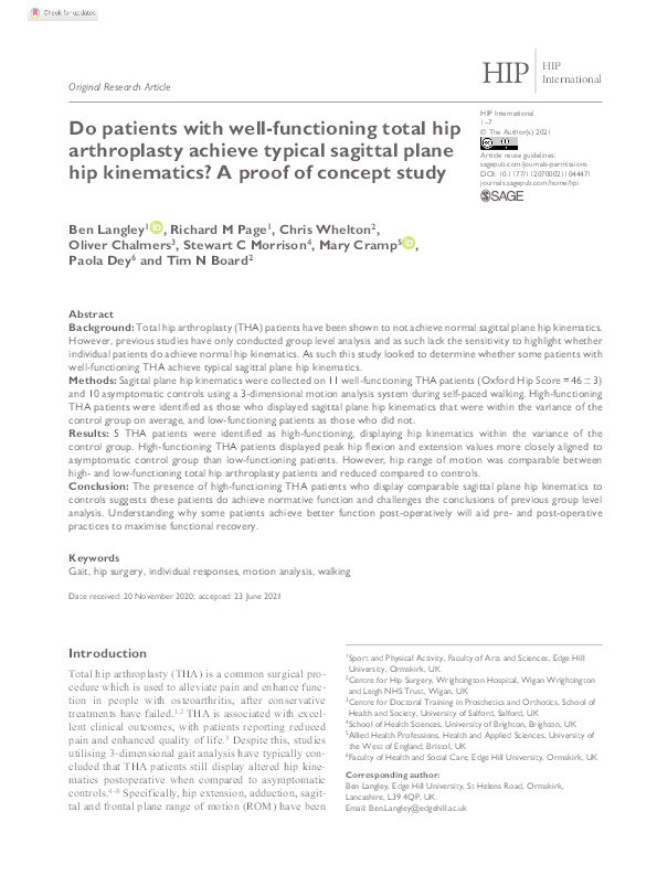 Do patients with well-functioning total hip arthroplasty achieve typical sagittal plane hip kinematics? A proof of concept study Thumbnail