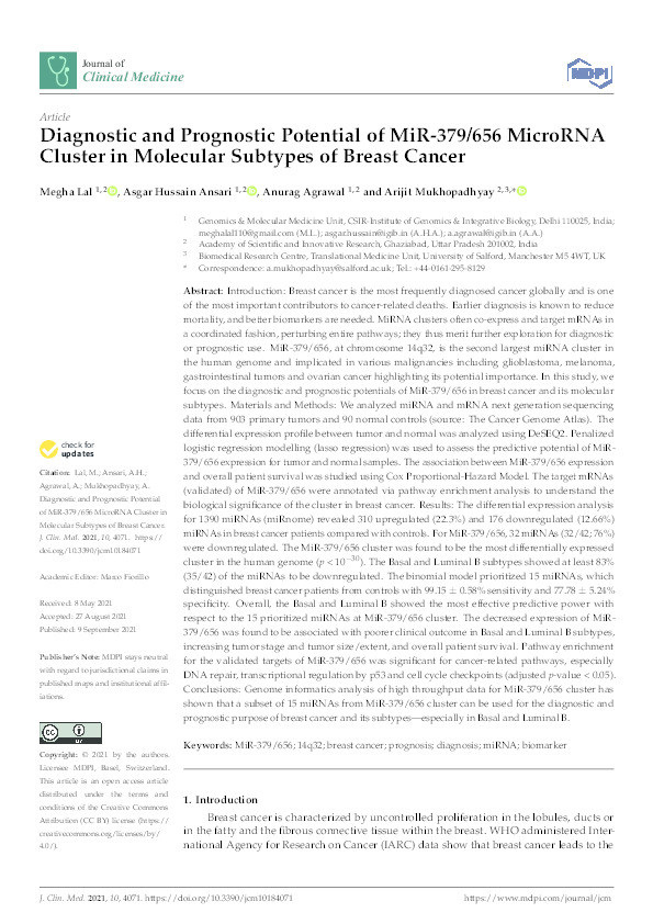 Diagnostic and prognostic potential of MiR-379/656 MicroRNA cluster in molecular subtypes of breast cancer Thumbnail