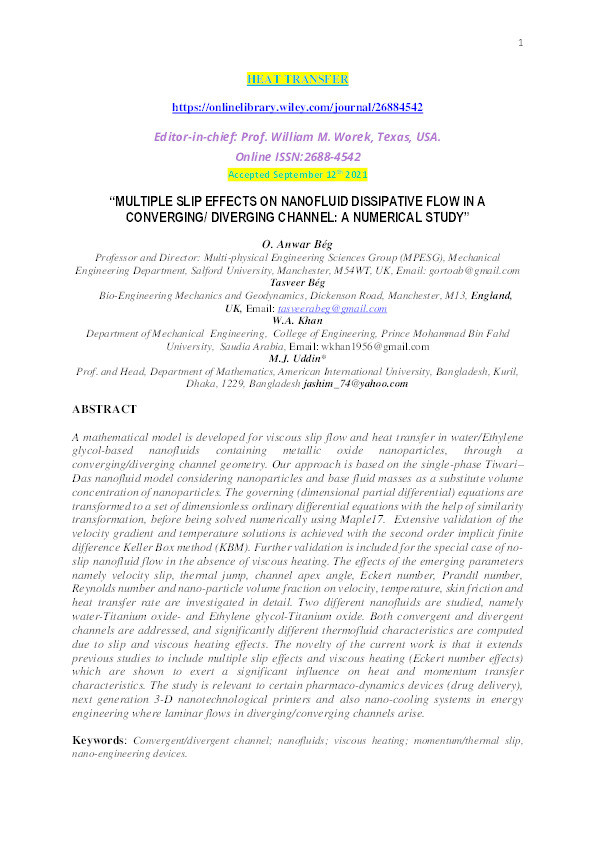 Multiple slip effects on nanofluid dissipative flow in a converging/diverging channel: A numerical study Thumbnail