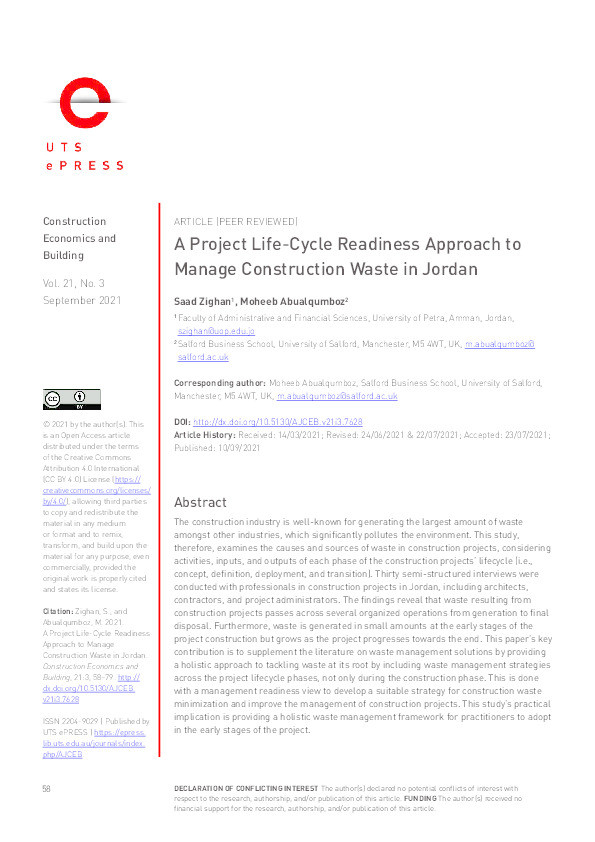 A project life-cycle readiness approach to manage construction waste in Jordan Thumbnail