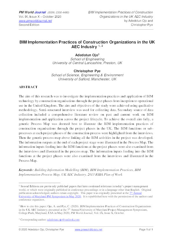BIM implementation practices of construction organizations in the UK AEC industry (Second Edition paper) Thumbnail