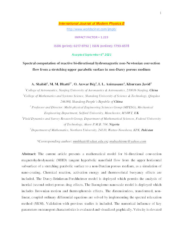 Spectral computation of reactive bi-directional hydromagnetic non-Newtonian convection flow from a stretching upper parabolic surface in non-Darcy porous medium Thumbnail