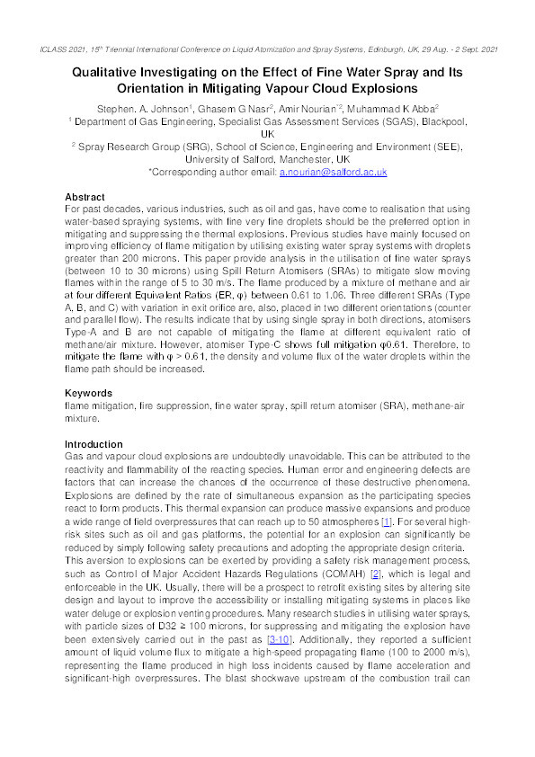 Qualitative investigating on the effect of fine water spray and its orientation in mitigating vapour cloud explosions Thumbnail