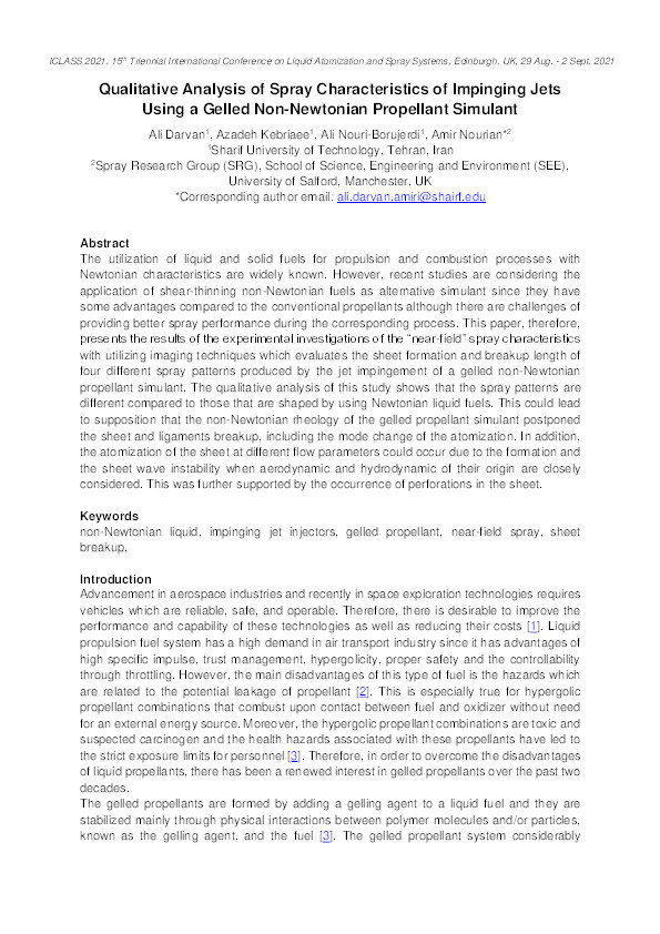 Qualitative analysis of spray characteristics of impinging jets using a gelled non-Newtonian propellant simulant Thumbnail