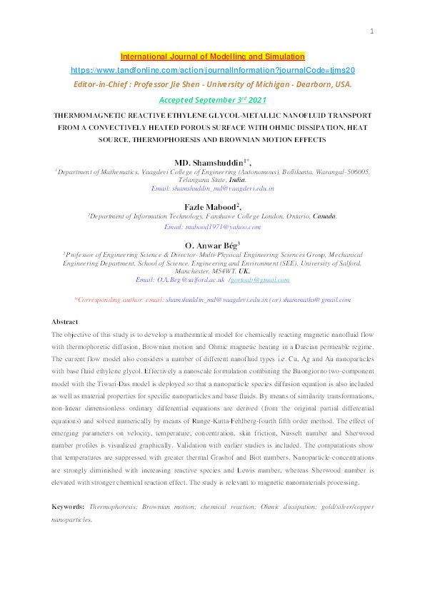 Thermomagnetic reactive ethylene glycol-metallic nanofluid transport from a convectively heated porous surface with ohmic dissipation, heat source, thermophoresis and Brownian motion effects Thumbnail