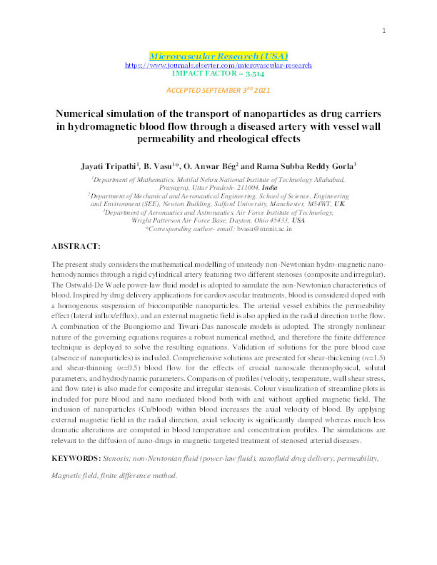 Numerical simulation of the transport of nanoparticles as drug carriers in hydromagnetic blood flow through a diseased artery with vessel wall permeability and rheological effects Thumbnail