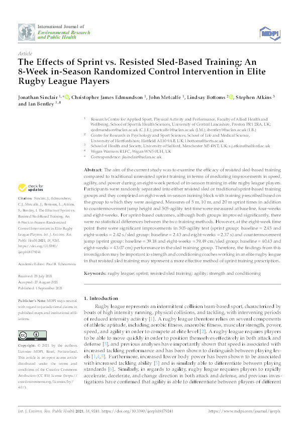 The effects of sprint vs. resisted sled-based training; an 8-week in-season randomized control intervention in elite rugby league players Thumbnail