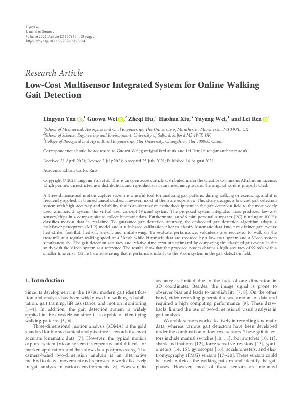 Low-cost multisensor integrated system for online walking gait detection Thumbnail
