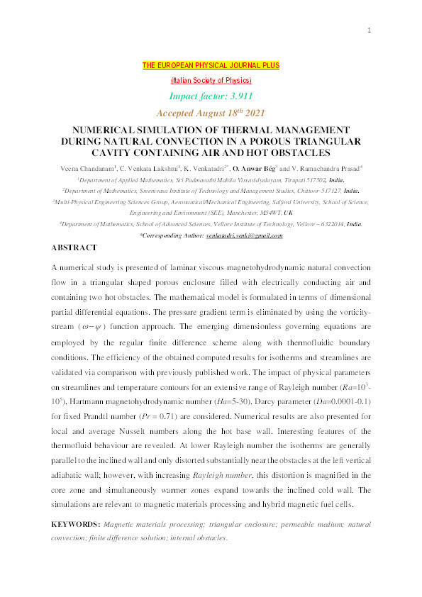 Numerical simulation of thermal management during natural convection in a porous triangular cavity containing air and hot obstacles Thumbnail