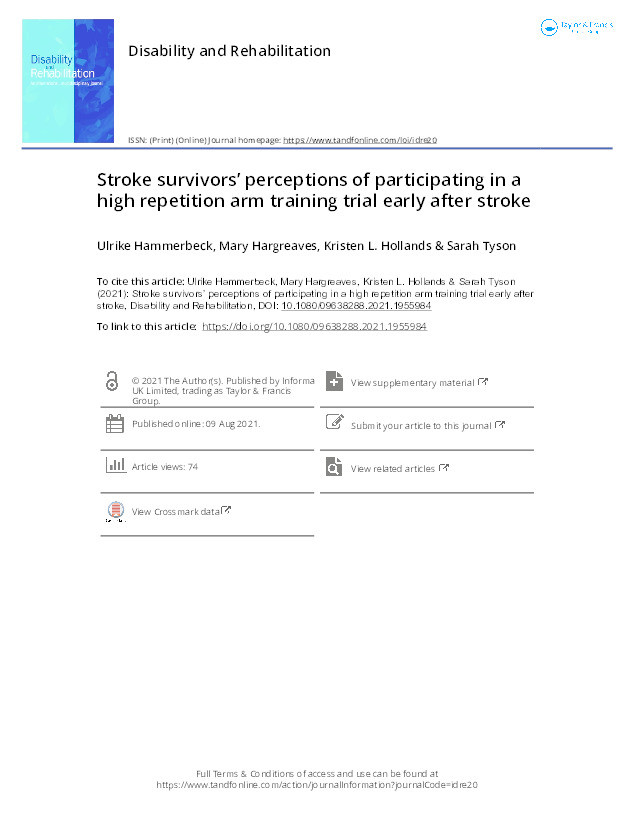 Stroke survivors’ perceptions of participating in a high repetition arm training trial early after stroke Thumbnail