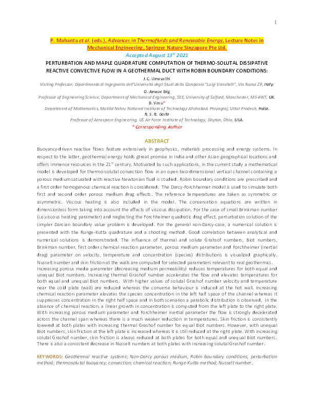 Perturbation and MAPLE quadrature computation of thermo-solutal dissipative reactive convective flow in a geothermal duct with Robin boundary conditions Thumbnail