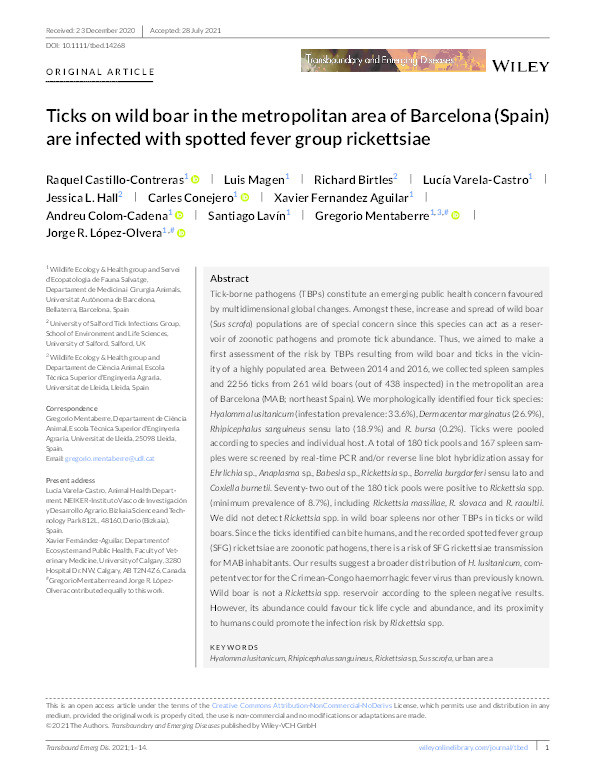 Ticks on wild boar in the metropolitan area of Barcelona (Spain) are infected with spotted fever group rickettsiae Thumbnail