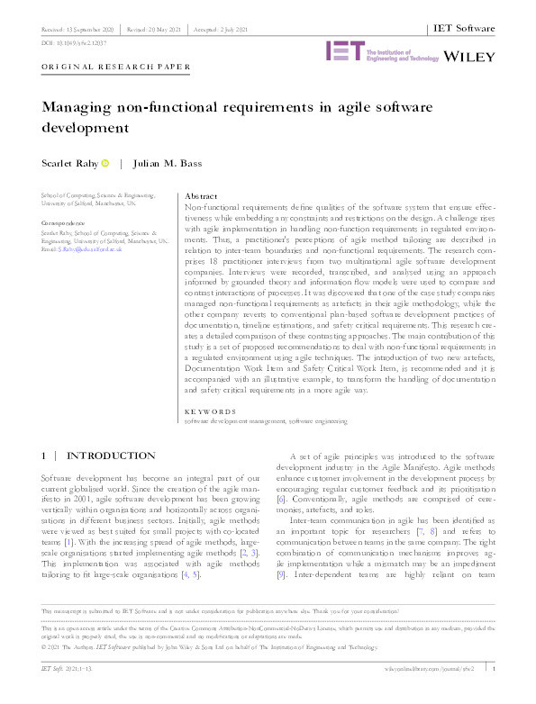 Managing non‐functional requirements in agile software development Thumbnail