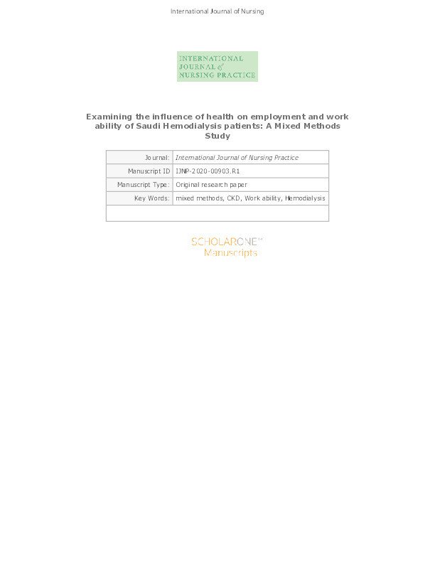 Examining the influence of health on employment and work ability of Saudi haemodialysis patients : a mixed-methods study Thumbnail