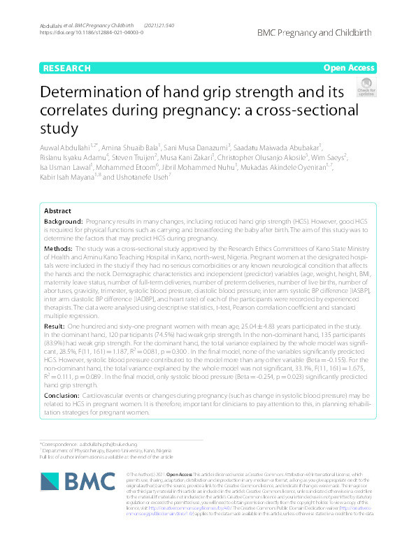 Determination of hand grip strength and its correlates during pregnancy : a cross-sectional study Thumbnail