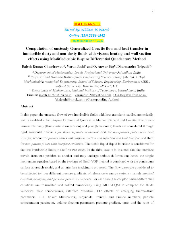 Computation of unsteady generalized Couette flow and heat transfer in immiscible dusty and non‐dusty fluids with viscous heating and wall suction effects using a modified cubic B‐spine differential quadrature method Thumbnail