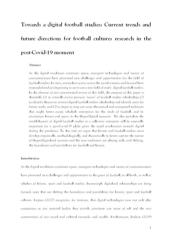 Towards a digital football studies : current trends and future directions for football cultures research in the post-Covid-19 moment Thumbnail