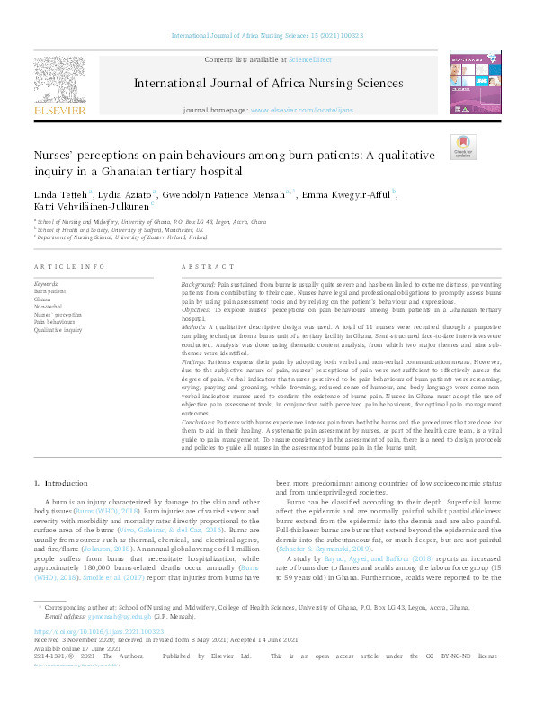 Nurses' perceptions on pain behaviours among burn patients : a qualitative inquiry in a Ghanaian tertiary hospital Thumbnail