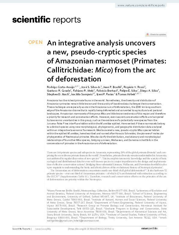 An integrative analysis uncovers a new, pseudo-cryptic species of Amazonian marmoset (Primates: Callitrichidae: Mico) from the arc of deforestation Thumbnail