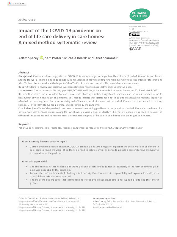 Impact of the COVID-19 pandemic on end of life care delivery in care homes : a mixed method systematic review Thumbnail