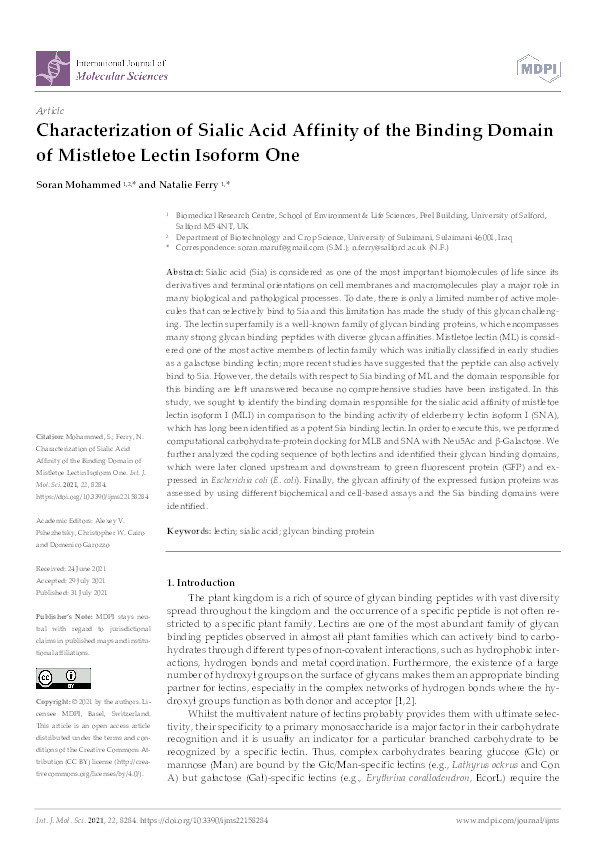 Characterization of sialic acid affinity of the binding domain of mistletoe lectin isoform one Thumbnail