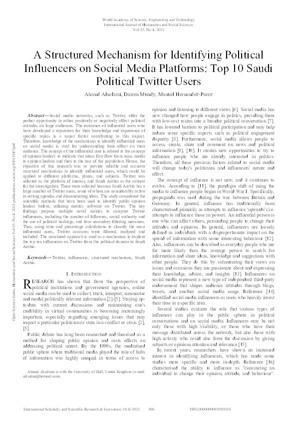 A structured mechanism for identifying political influencers on social media platforms :  top 10 Saudi political Twitter users Thumbnail
