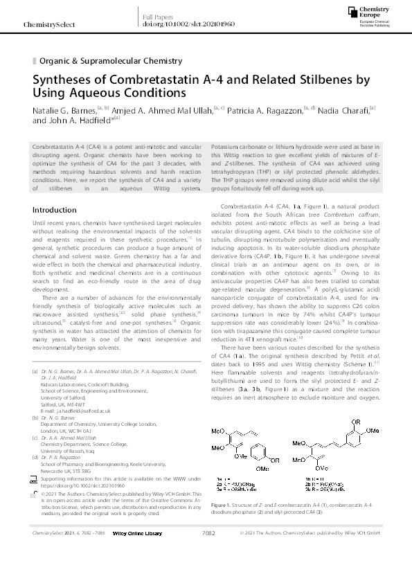 Syntheses of Combretastatin A‐4 and related stilbenes by using aqueous conditions Thumbnail