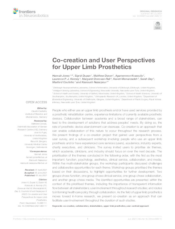 Co-creation and user perspectives for upper limb prosthetics Thumbnail