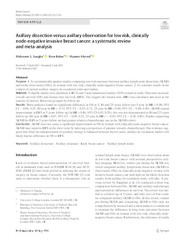 Axillary dissection versus axillary observation for low risk, clinically node-negative invasive breast cancer : a systematic review and meta-analysis Thumbnail