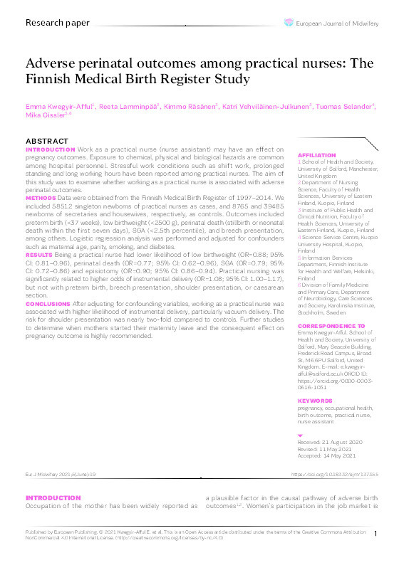 Adverse perinatal outcomes among practical nurses : the Finnish medical birth register study Thumbnail