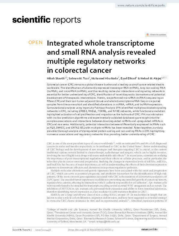 Integrated whole transcriptome and small RNA analysis revealed multiple regulatory networks in colorectal cancer Thumbnail