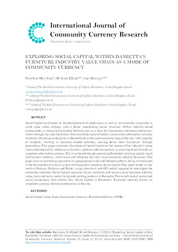 Exploring Social Capital within Damietta’s furniture industry value chain as mode of community currency Thumbnail
