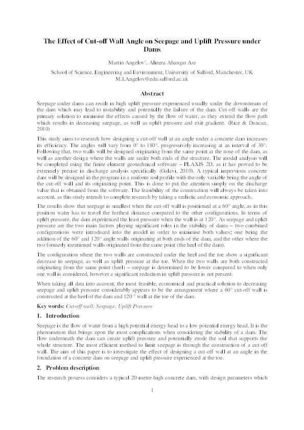 The effect of cut-off wall angle on seepage and uplift pressure under
dams Thumbnail