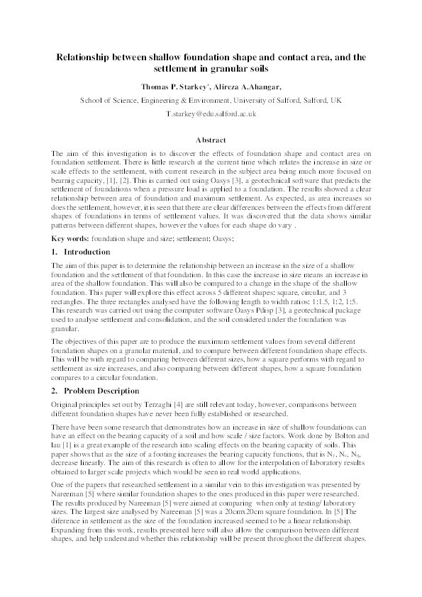 Relationship between shallow foundation shape and contact area, and the settlement in granular soils Thumbnail