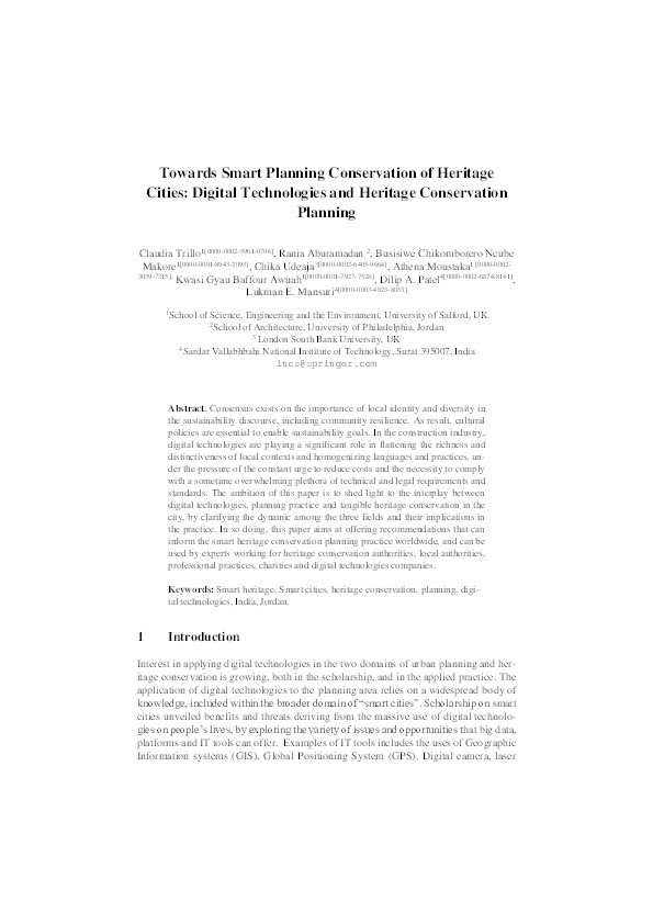 Towards smart planning conservation of heritage cities : digital technologies and heritage conservation planning Thumbnail