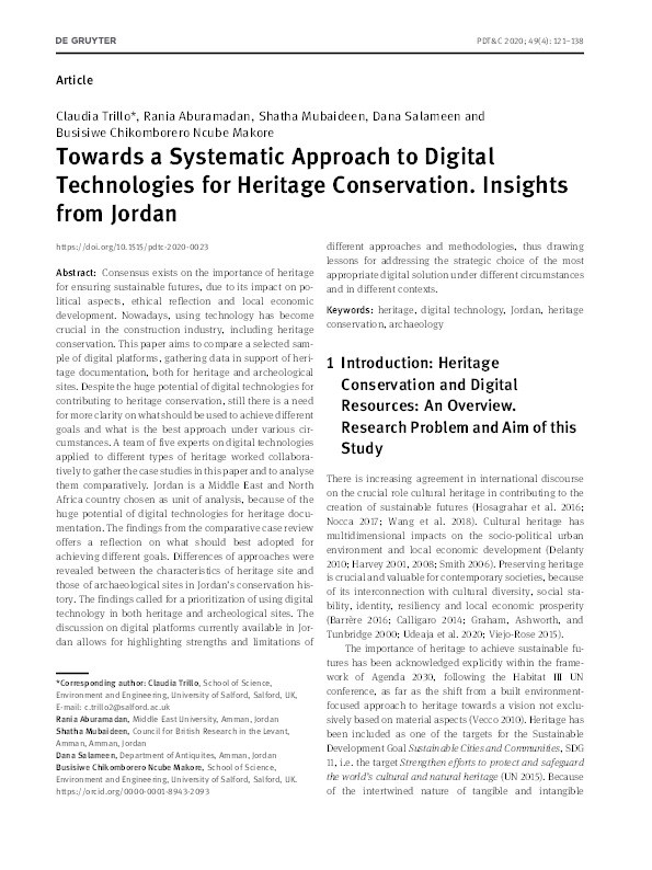 Towards a systematic approach to digital technologies for heritage conservation. Insights from Jordan Thumbnail