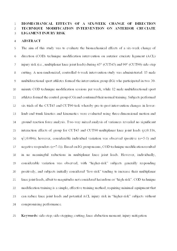 Biomechanical Effects of a 6-Week Change-of-Direction Technique Modification Intervention on Anterior Cruciate Ligament Injury Risk Thumbnail