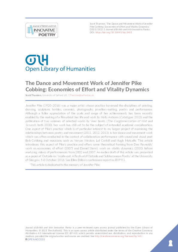 The dance and movement work of Jennifer Pike Cobbing : economies of effort and vitality dynamics Thumbnail