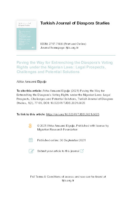 Paving the way for entrenching the diaspora’s voting rights under the Nigerian laws : legal prospects, challenges and potential solutions Thumbnail