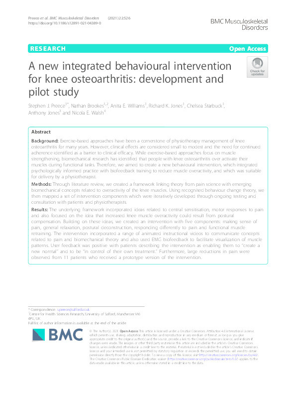 A new integrated behavioural intervention for knee osteoarthritis : development and pilot study Thumbnail