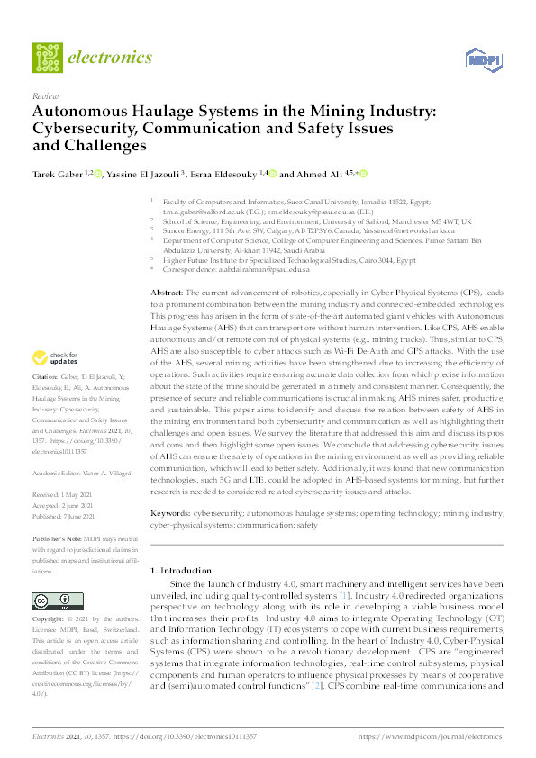 Autonomous haulage systems in the mining industry: cybersecurity, communication and safety issues and challenges Thumbnail