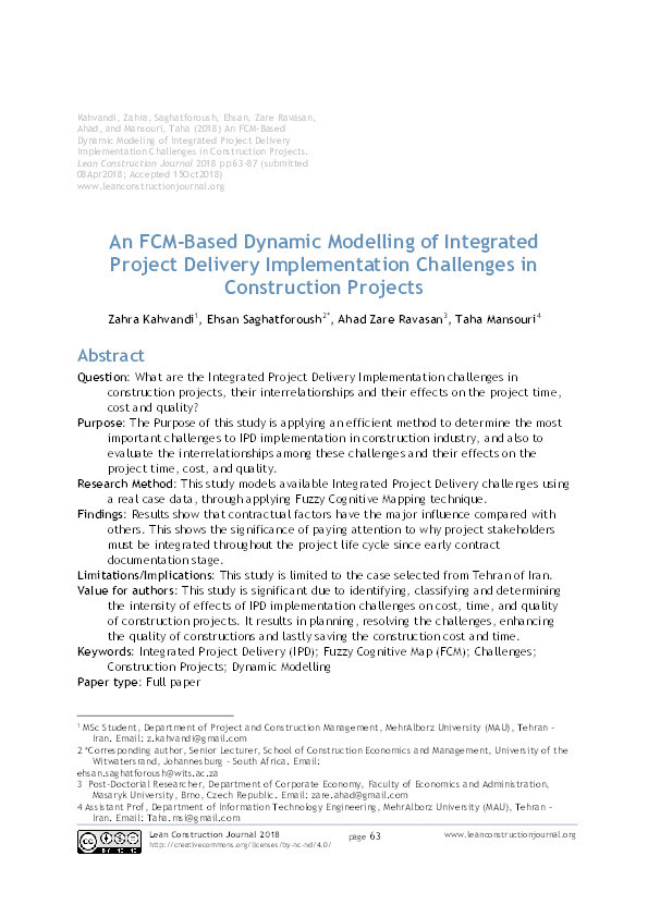An FCM-based dynamic modelling of integrated project delivery implementation challenges in construction projects Thumbnail