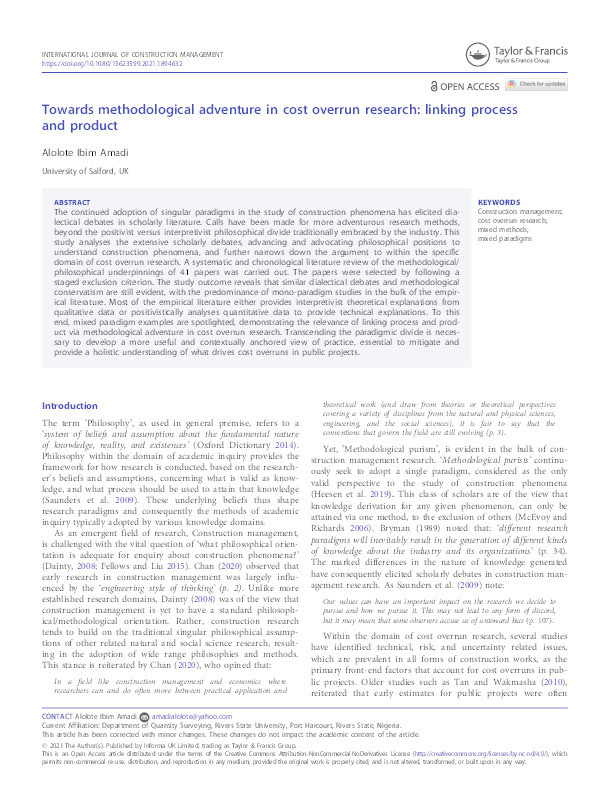Towards methodological adventure in cost overrun research : linking process and product Thumbnail