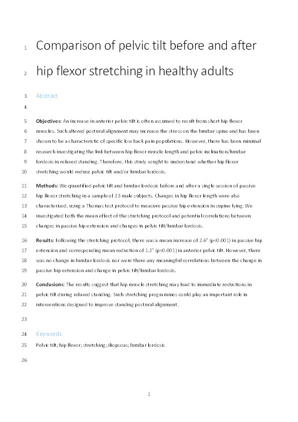 Comparison of pelvic tilt before and after hip flexor stretching in healthy adults Thumbnail
