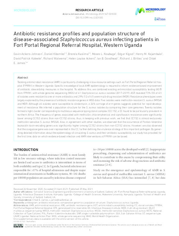 Antibiotic resistance profiles and population structure of disease-associated Staphylococcus aureus infecting patients in Fort Portal Regional Referral Hospital, Western Uganda Thumbnail