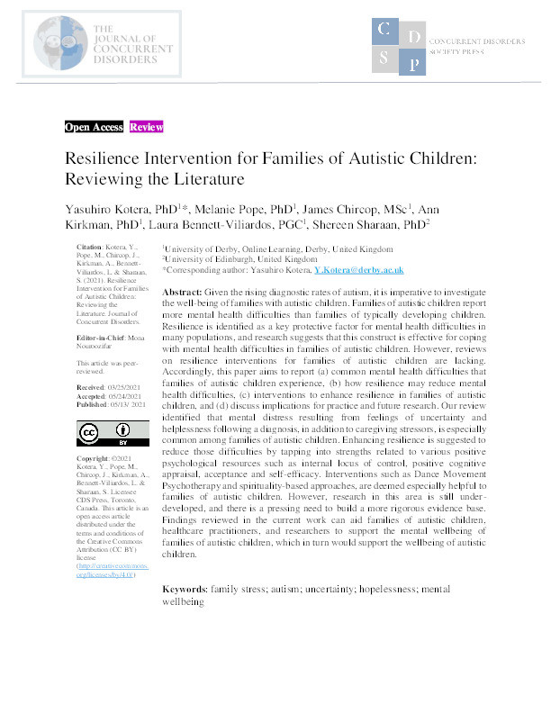 Resilience intervention for families of autistic children : reviewing the literature Thumbnail