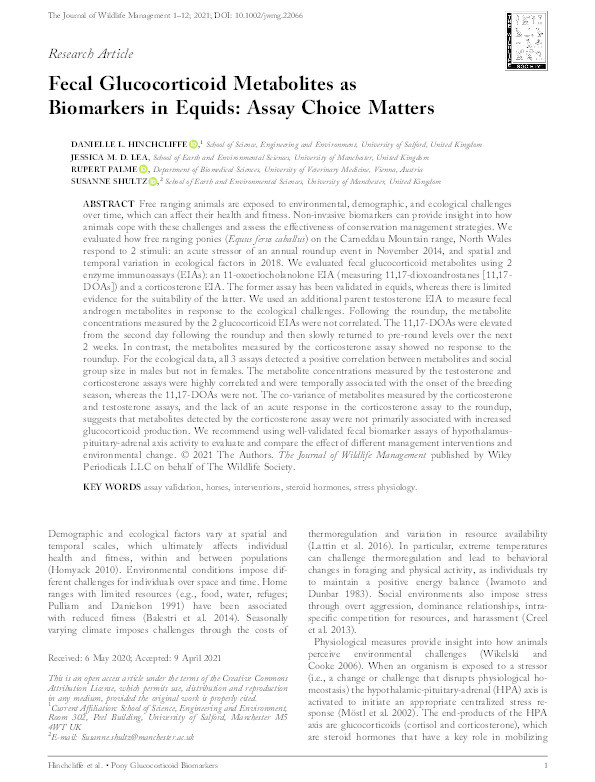 Fecal glucocorticoid metabolites as biomarkers in equids : assay choice matters Thumbnail