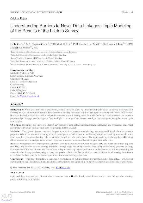 Understanding barriers to novel data linkages : topic modeling of the results of the LifeInfo survey Thumbnail