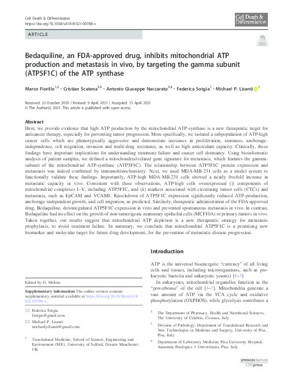 Bedaquiline, an FDA-approved drug, inhibits mitochondrial ATP production and metastasis in vivo, by targeting the gamma subunit (ATP5F1C) of the ATP synthase Thumbnail