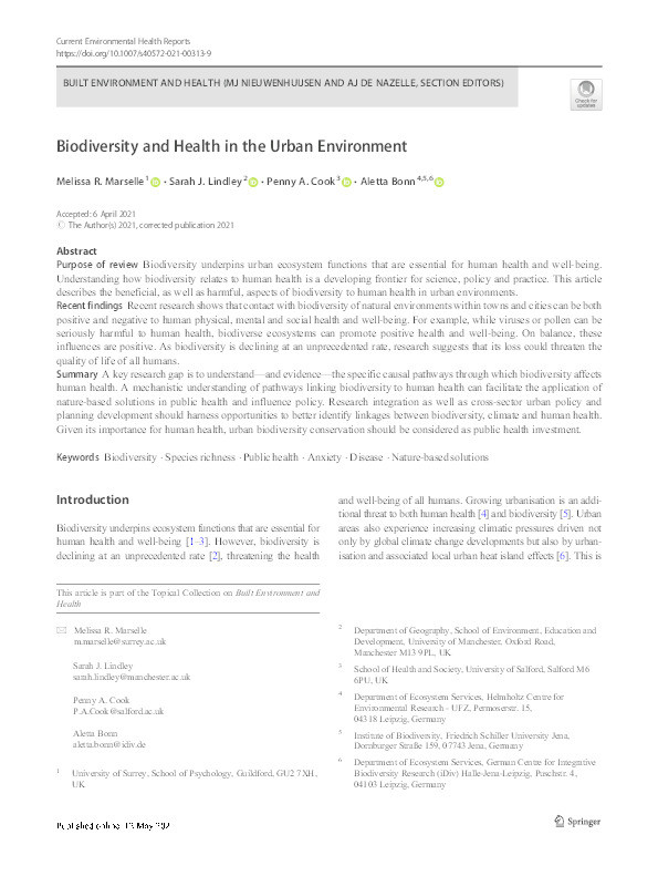 Biodiversity and health in the urban environment Thumbnail